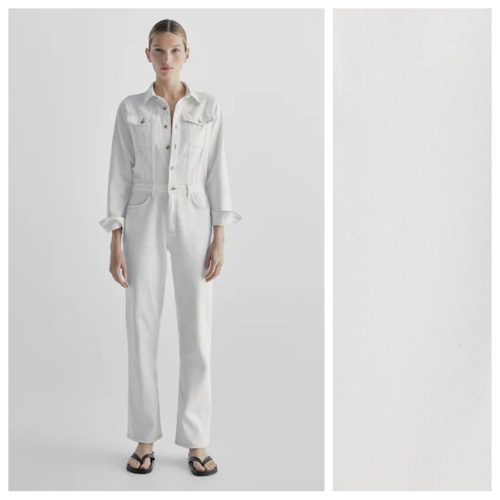 NWT. Massimo Dutti Off White Denim Jumpsuit with Contrast Topstitching. Size S.